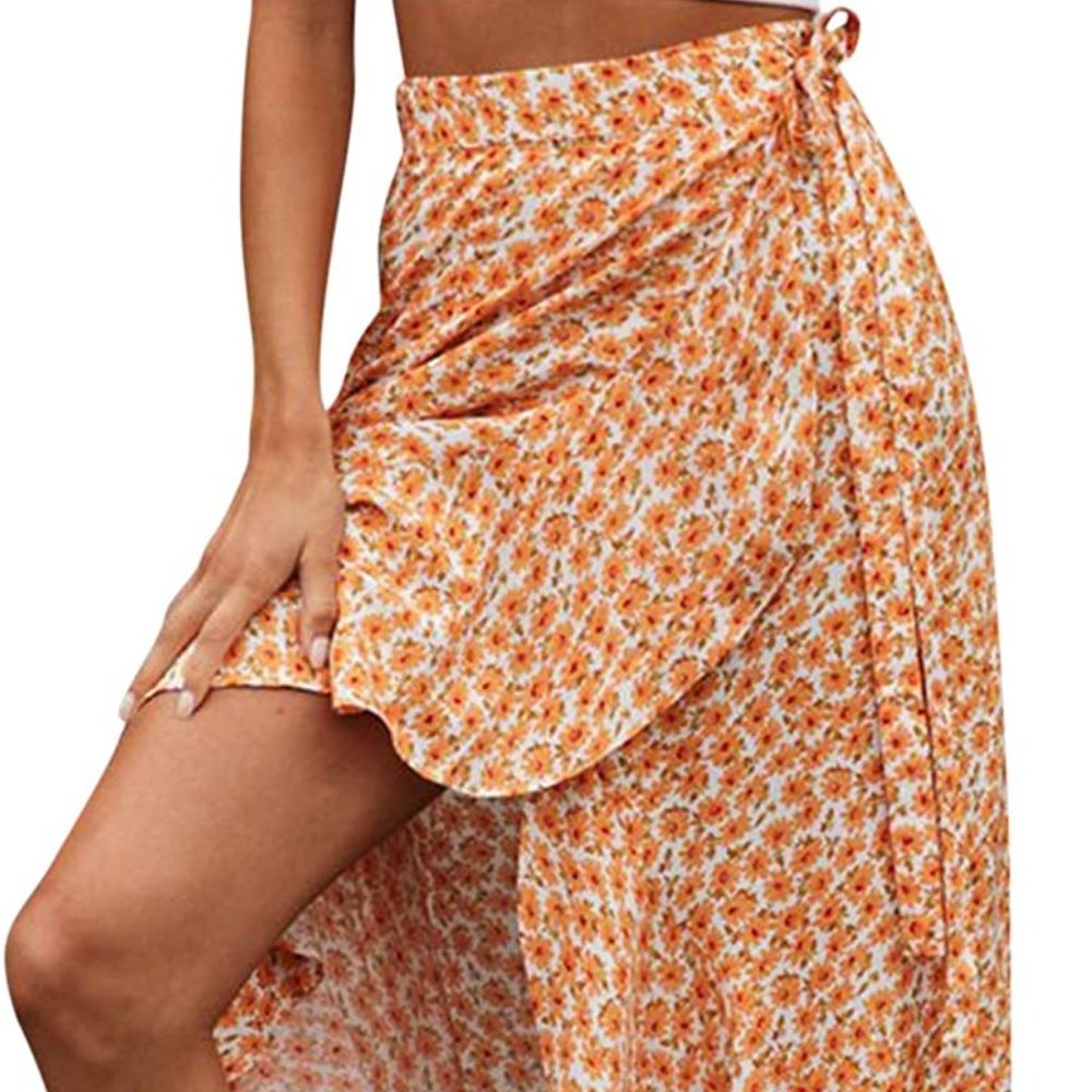 Boho Floral Wrap Maxi Skirt High Waisted Long Skirt with Slit - Size 12